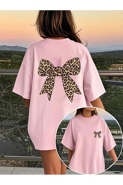 New Shine Μπλουζάκι Unisex Oversize Leopard Ribbon με στάμπα στην πλάτη