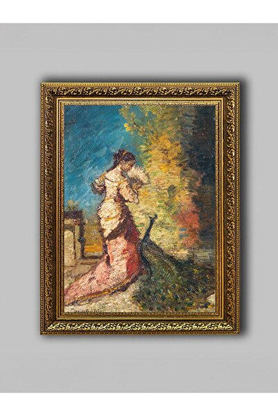 WoodyArts Păun și femeie - Cadru antic auriu