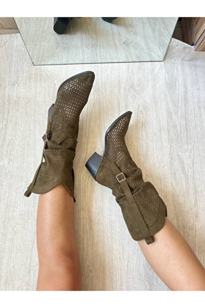 SHOEBOURNE Khaki Suede Perforated Western Style Summer Boots