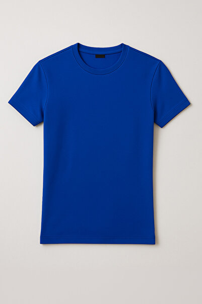 Düz Mavi Renk Basic Unisex Slim Fit Tişört