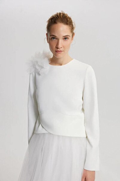 Touche Tül Garnili Volanlı Bluz Kırık Beyaz
