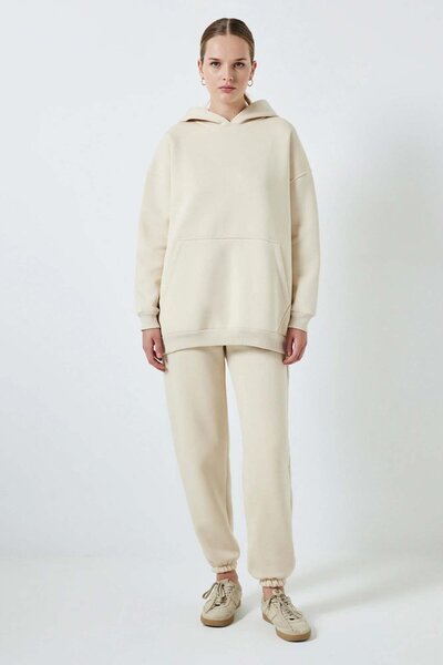 Touche Kapüşonlu Sweatshirt Eşofman Takım Bej