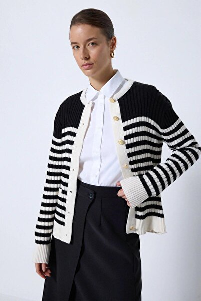 Touche Cep Detaylı Çizgili Triko Hırka Krem