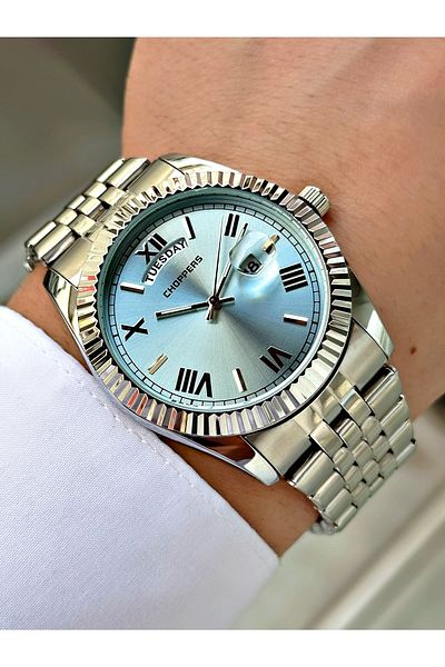 Weluxa Silver Color Light Blue Dial Calendar Steel Band Men's Wrist Watch