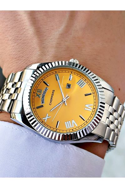Weluxa Silver Color Pastel Yellow Dial Calendar Steel Band Men's Wrist Watch