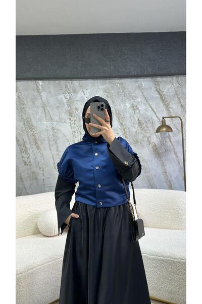 Touche Bat Sleeve Short Satin Vest Navy Blue