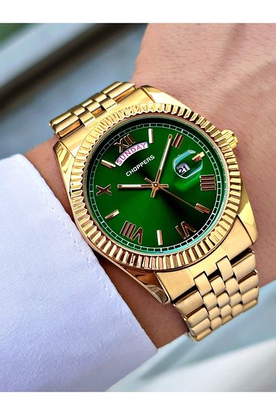 Weluxa Gold Color Green Dial Calendar Steel Band Men's Wrist Watch