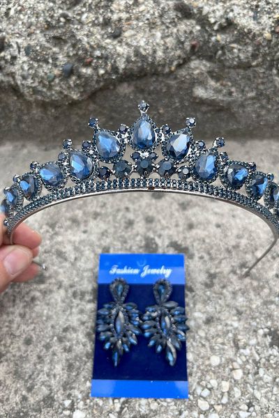 Hobigram Renata Navy Blue Bridal Henna Crown Special Occasion Accessory Women's Crown and Thin Shuttle Earring Set