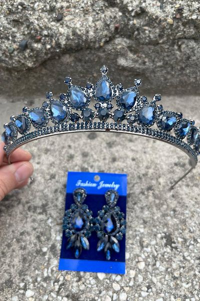 Hobigram Renata Navy Blue Bridal Henna Crown Special Occasion Accessory Women's Crown and Three Shuttle Earrings Set