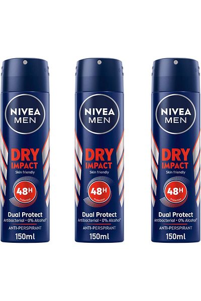 NIVEA Men Dry Impact Deodorant Spray, 48h Protection, Alcohol-Free, 3x150ml