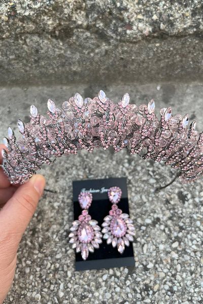 Hobigram Salome Pink Bridal Henna Crown Special Occasion Accessory Women's Crown and Wide Shuttle Earring Set