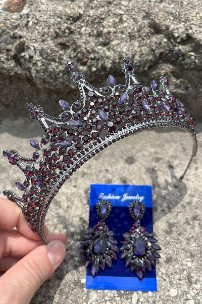 Hobigram Victorian Purple Bridal Henna Crown Special Occasion Accessory Women's Crown and Wide Shuttle Earring Set