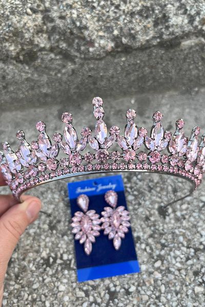Hobigram Ivanna Pink Bridal Henna Crown Special Day Accessory Women's Crown and Thin Shuttle Earring Set