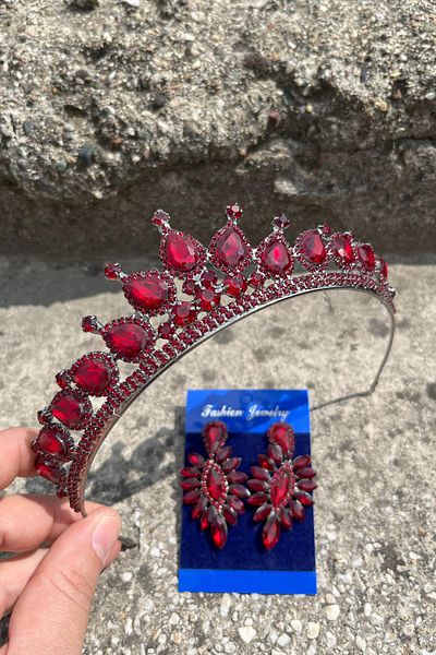 Hobigram Renata Burgundy Bridal Henna Crown Special Occasion Accessory Women's Crown and Thin Shuttle Earring Set