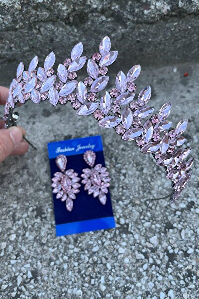 Hobigram Regina Pink Bridal Henna Crown Special Occasion Accessory Women's Crown and Thin Shuttle Earring Set