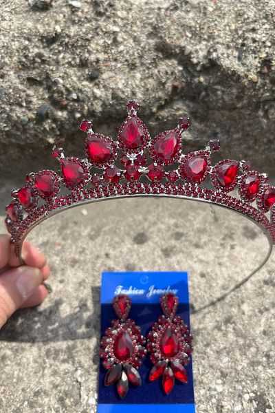 Hobigram Renata Burgundy Bridal Henna Crown Special Occasion Accessory Women's Crown and Three Shuttle Earrings Set