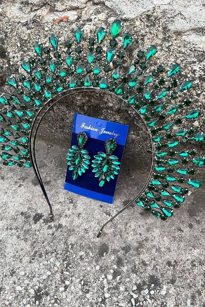 Hobigram Michaelle Green Bridal Henna Crown Special Occasion Accessory Women's Crown and Thin Shuttle Earrings Set