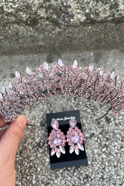 Hobigram Salome Pink Bridal Henna Crown Special Occasion Accessory Women's Crown and Three Shuttle Earrings Set
