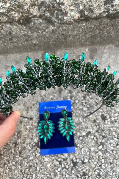 Hobigram Salome Green Bridal Henna Crown Special Occasion Accessory Women's Crown and Thin Shuttle Earring Set