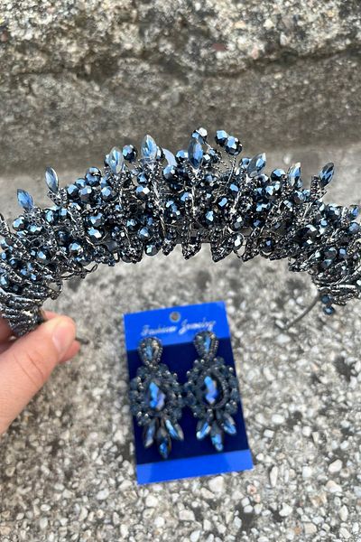 Hobigram Salome Navy Blue Bridal Henna Crown Special Occasion Accessory Women's Crown and Three Shuttle Earrings Set