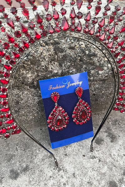 Hobigram Michaelle Burgundy Bridal Henna Crown Special Occasion Accessory Women's Crown and Drop Shuttle Earring Set