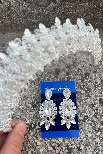 Hobigram Salome Cream Pearl Bridal Henna Crown Special Occasion Accessory Women's Crown and Three Shuttle Earrings Set