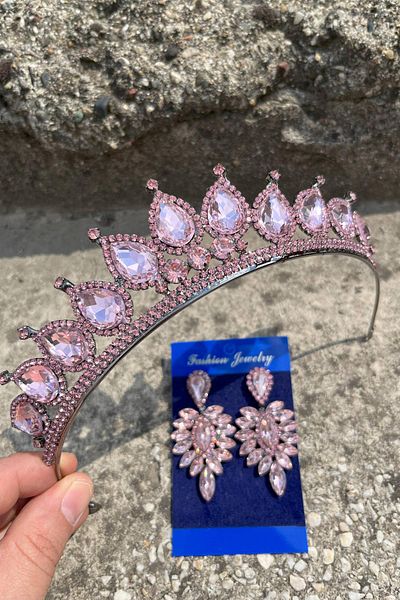 Hobigram Renata Pink Bridal Henna Crown Special Occasion Accessory Women's Crown and Thin Shuttle Earring Set