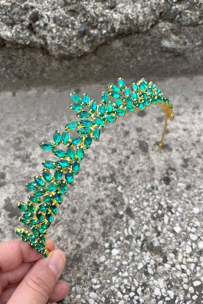Hobigram Silvana Green Gold Bridal Henna Crown High Quality Special Occasion Accessory Women Crown Hair Accessory