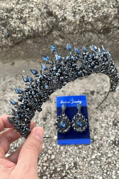 Hobigram Salvatore Navy Blue Bridal Henna Crown Special Day Accessory Women's Crown and Drop Shuttle Earrings Set