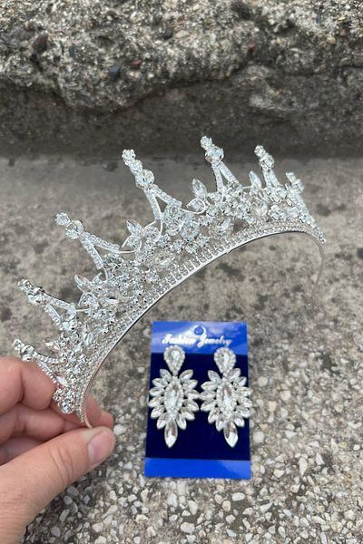 Hobigram Victoria Silver Bridal Henna Crown Special Day Accessory Women's Crown and Thin Shuttle Earring Set