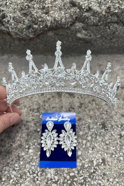 Hobigram Victoria Silver Bridal Henna Crown Special Day Accessory Women's Crown and Thin Shuttle Earring Set