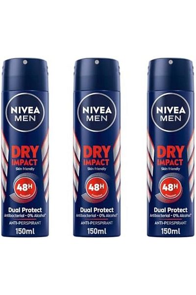 NIVEA Men Dry Impact Deodorant Spray, 48h Protection, Alcohol-Free, 3x150ml