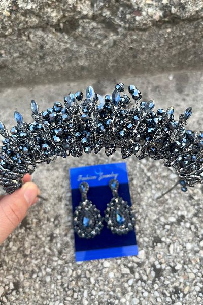 Hobigram Salome Navy Blue Bridal Henna Crown Special Occasion Accessory Women's Crown and Drop Shuttle Earrings Set