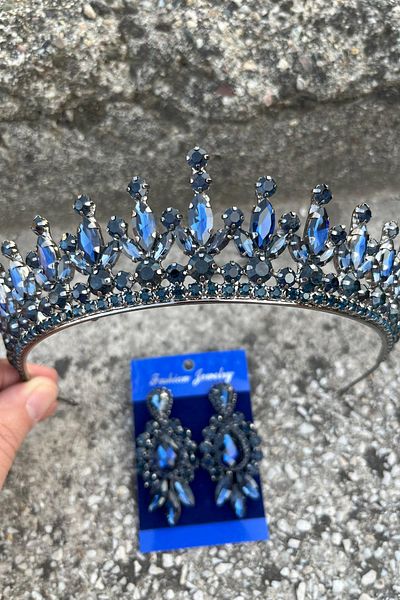 Hobigram Ivanna Navy Blue Bridal Henna Crown Special Occasion Accessory Women's Crown and Three Shuttle Earrings Set