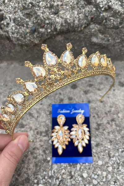 Hobigram Renata Gold Bridal Henna Crown Special Occasion Accessory Women's Crown and Thin Shuttle Earring Set
