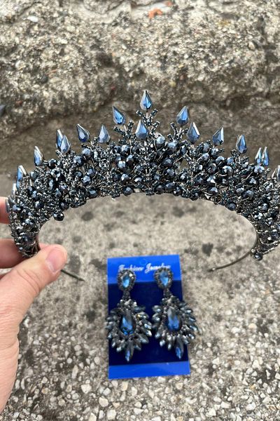 Hobigram Salvatore Navy Blue Bridal Henna Crown Special Day Accessory Women's Crown and Wide Shuttle Earring Set