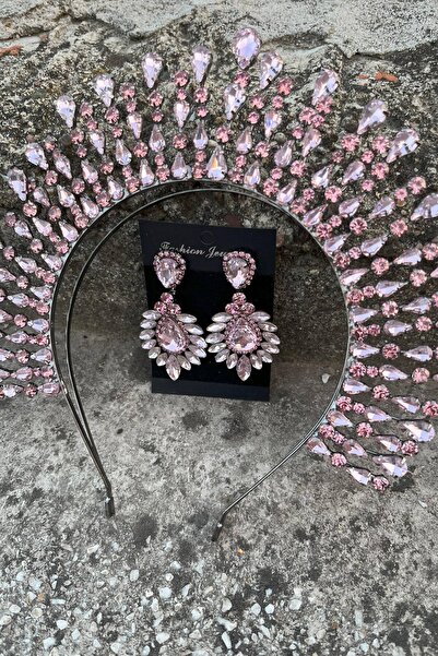 Hobigram Michaelle Pink Bridal Henna Crown Special Occasion Accessory Women's Crown and Wide Shuttle Earrings Set