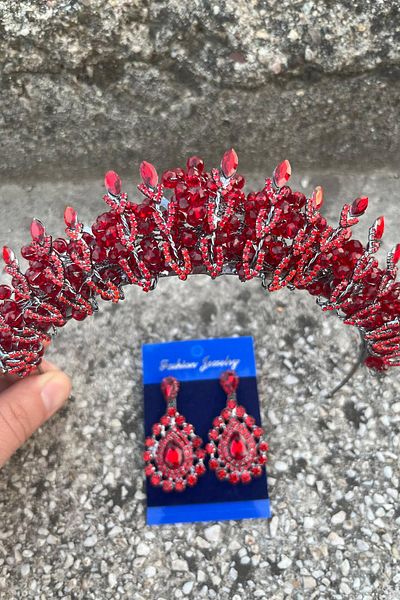 Hobigram Salome Red Bridal Henna Crown Special Occasion Accessory Women's Crown and Drop Shuttle Earrings Set