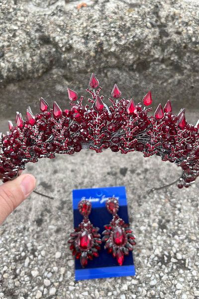 Hobigram Salvatore Burgundy Bridal Henna Crown Special Occasion Accessory Women's Crown and Wide Shuttle Earrings Set