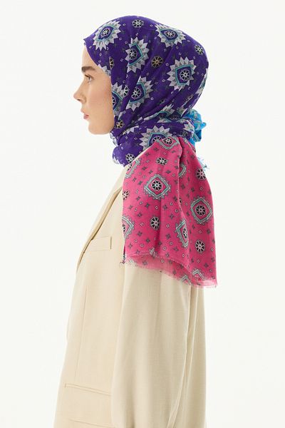 FENZA SCARF Ethnic Pattern Cotton Shawl - Blue-Fuchsia