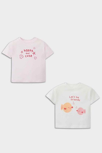 DeFacto Baby Girl Newborn Crew Neck Printed Combed Cotton 2-Piece Short Sleeve T-Shirt E8246A525Sm