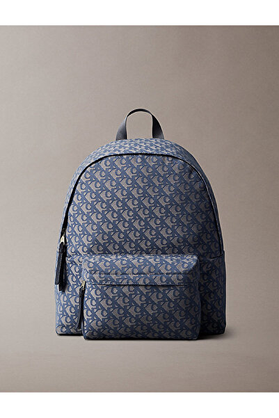 Calvin Klein Men's Blue Backpack with Front Zipper Pocket Ck Monogram Logo Pattern Laptop Compartment Lv04G