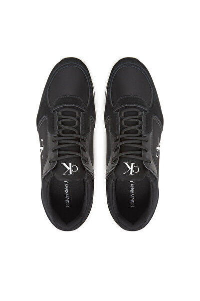 Calvin Klein Erkek Yuvarlak Burun Lamine Deri Bağlamalı Orta Kalın Topuk Siyah Sneaker YM0YM01326-0GM