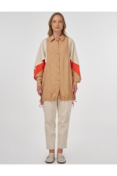 Kayra Fabric Garnished Jacquard Tunic Beige