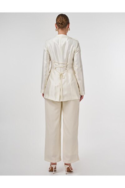 Kayra Gül Motifli Şık Blazer Ceket Ekru