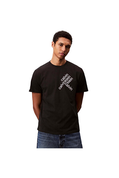 Calvin Klein Erkek Eğik Calvin Klein Yazı Desenli Kısa Kol Pamuklu Siyah T-Sh...