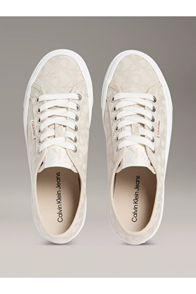 Calvin Klein Kadın Kalın Yüksek Topuk Bağlamalı Desenli Dokuma Kumaş Ck Desen Bej Sneaker YW0YW01965-0GA
