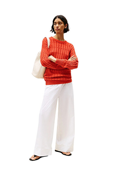 Tommy Hilfiger Kadın Yüksek Bel Geniş Paça Rahat Kesim Beyaz Pantolon WW0WW45891-YCF