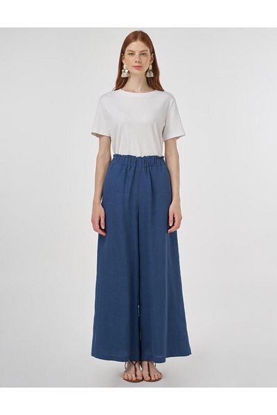 KYR 100% Linen Wide Leg Trousers Indigo