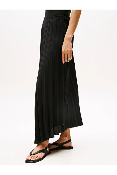 Tommy Hilfiger Kadın Bisiklet Yaka Uzun Pileli Dokuma Kumaş Rahat Kesim Siyah Elbise WW0WW44491-BDS